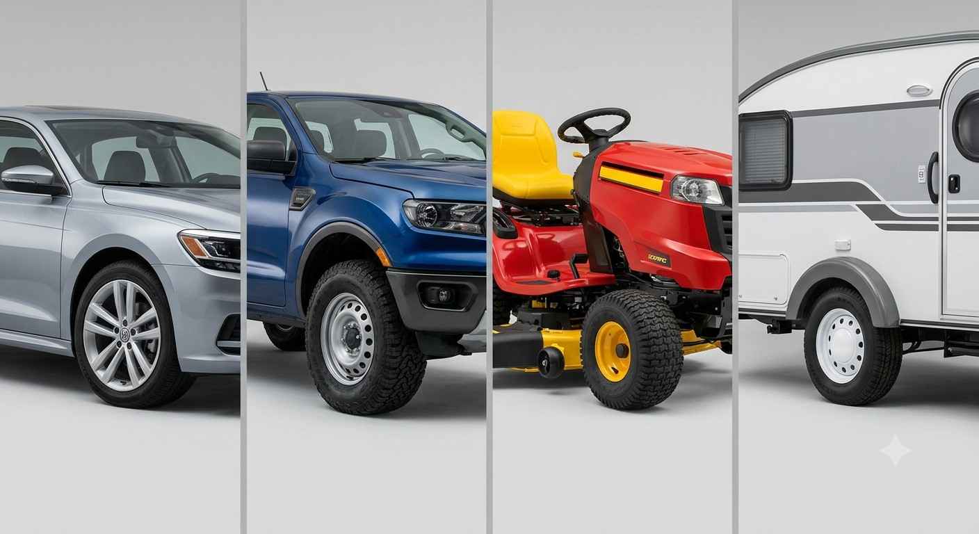 Comparison of tire changing across sedan, truck, lawn mower, and travel trailer