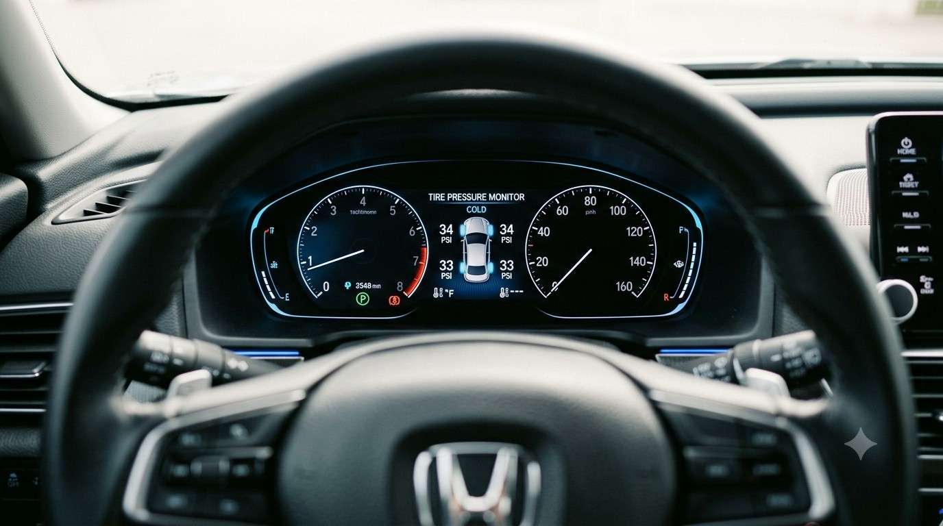 Honda Civic digital driver information display showing the tire pressure monitoring screen with PSI readings for all four wheels