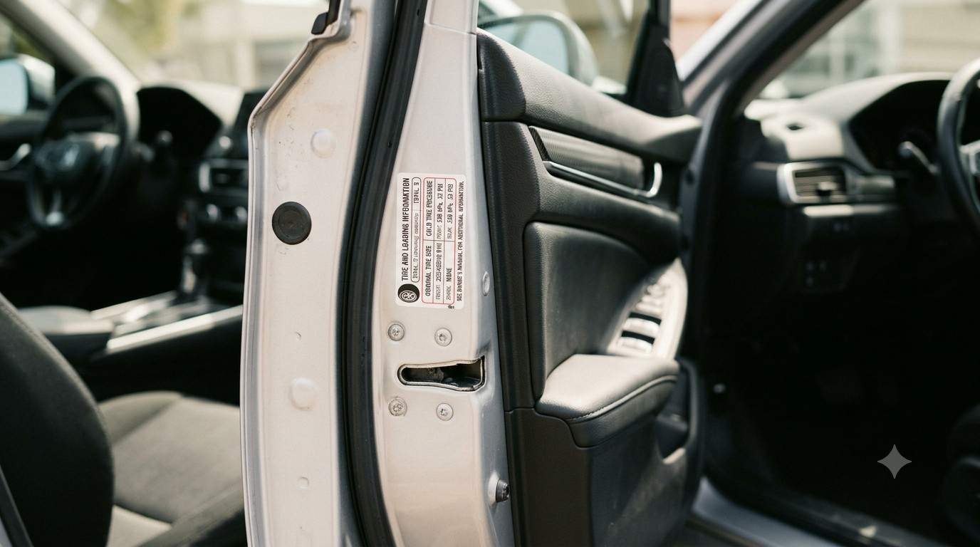 Close-up of a Honda Civic driver's door jamb showing the tire pressure placard sticker with PSI numbers