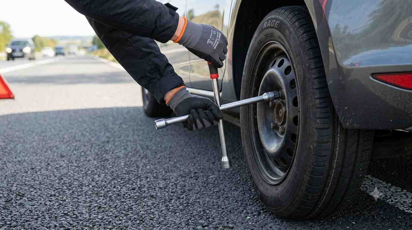 Loosening lug nuts with a lug wrench before jacking up the car
