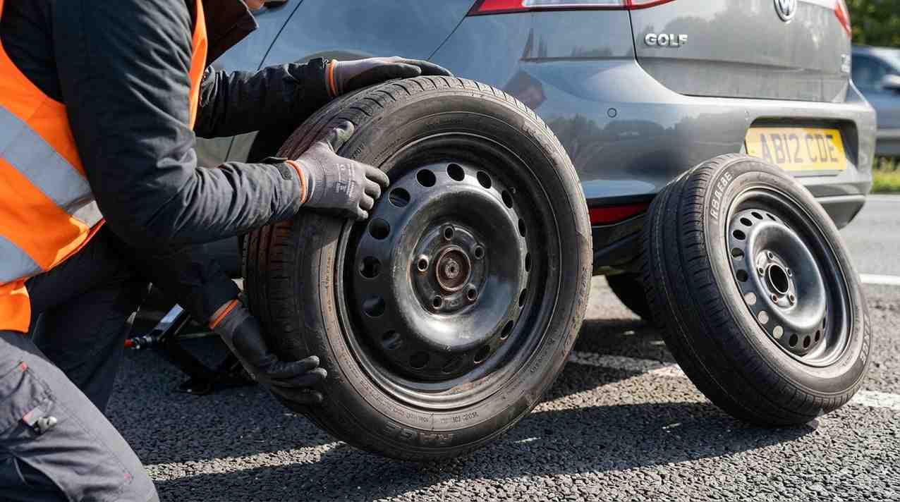 Removing a flat tire and mounting the spare tire onto the wheel hub