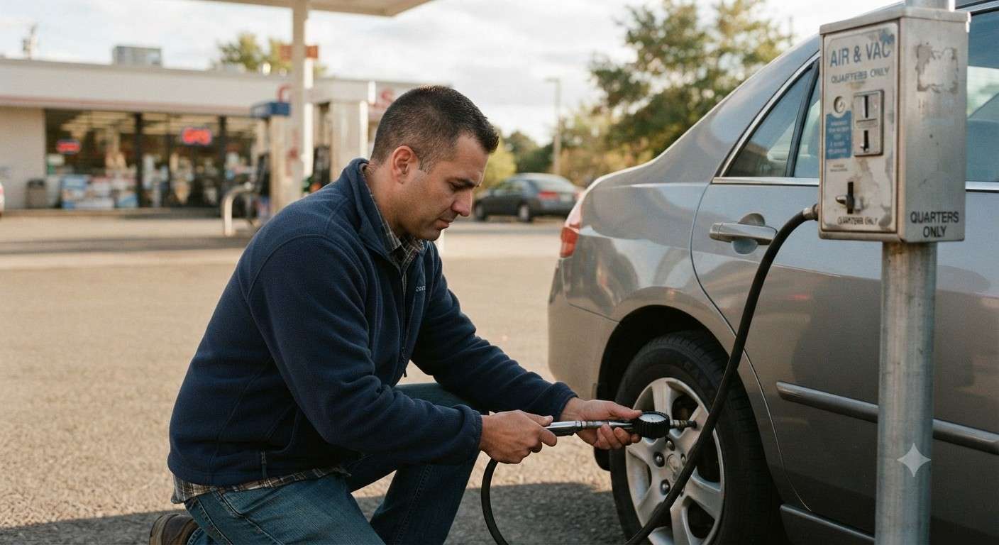 Checking tire pressure using a gas station air pump hose