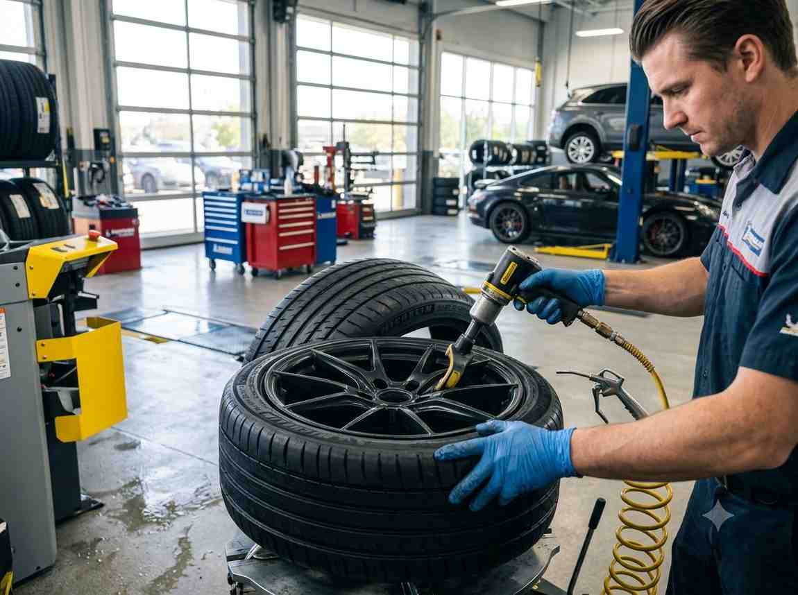 Mechanic installing a new tire in a tire shop