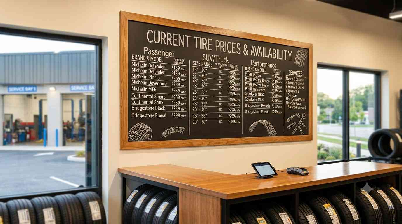 Tire shop price board showing discount tire brands and pricing