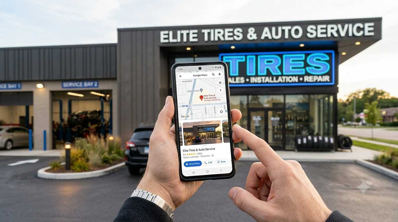 Verifying a discount tire shop sign against its Google Maps listing