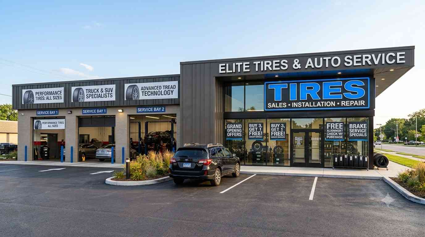 Discount tire shop storefront with signage and promotional banners