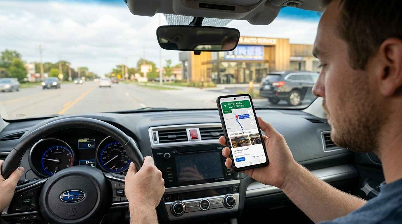 Driver navigating to a discount tire shop near me using phone GPS