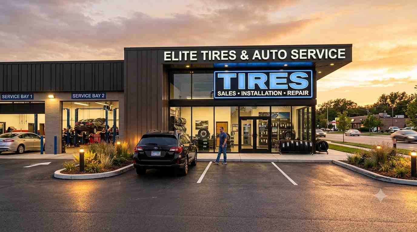 Discount tire photos showing a tire shop storefront and service bay