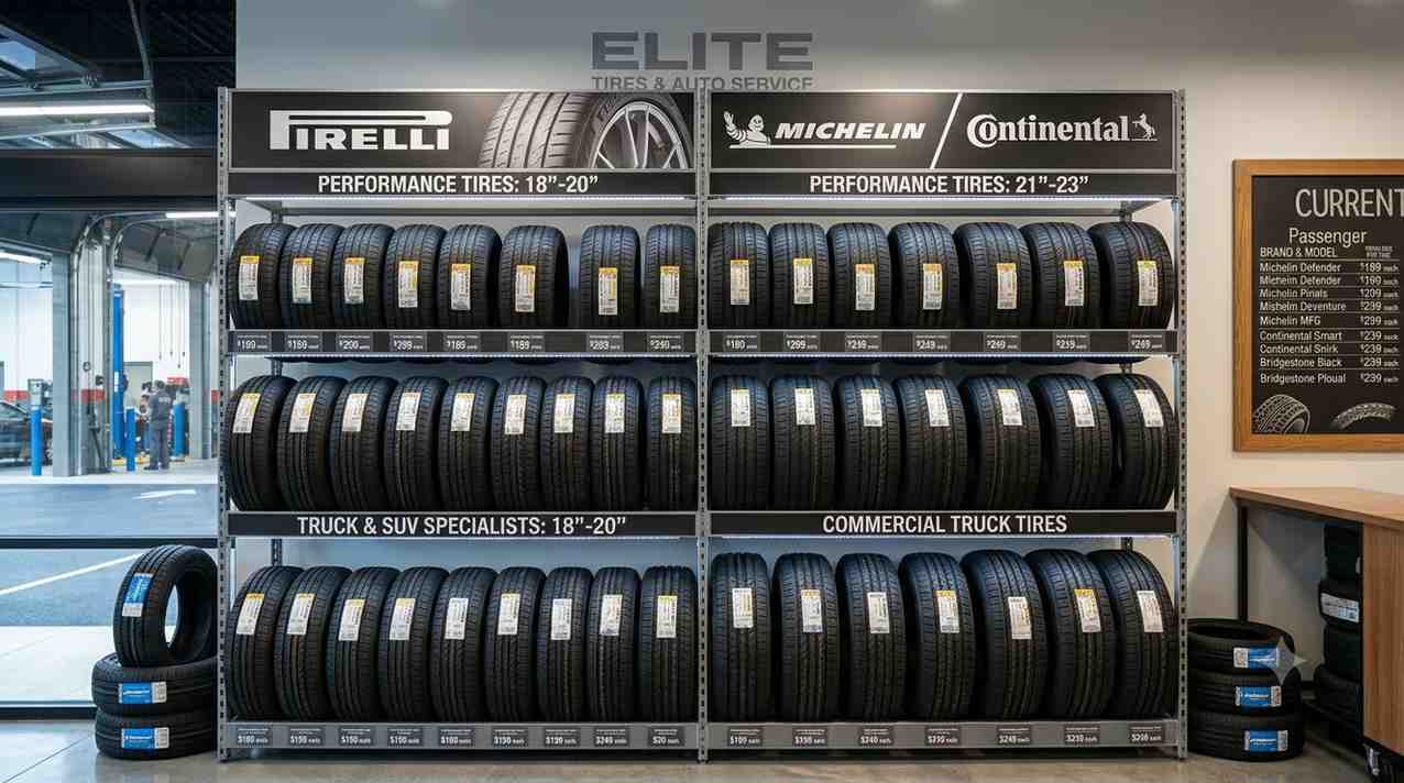 Tire display wall with brands and prices at a discount tire shop