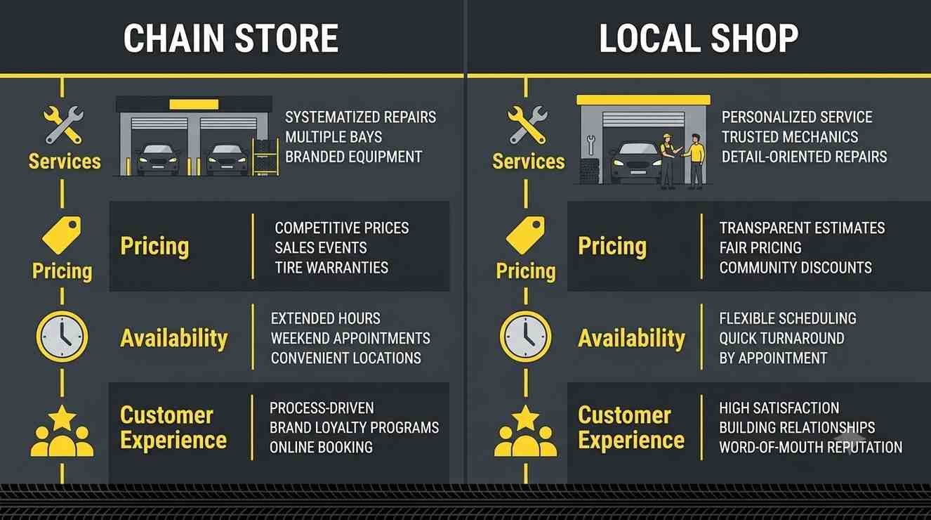 Comparison of chain tire store versus local independent tire shop services