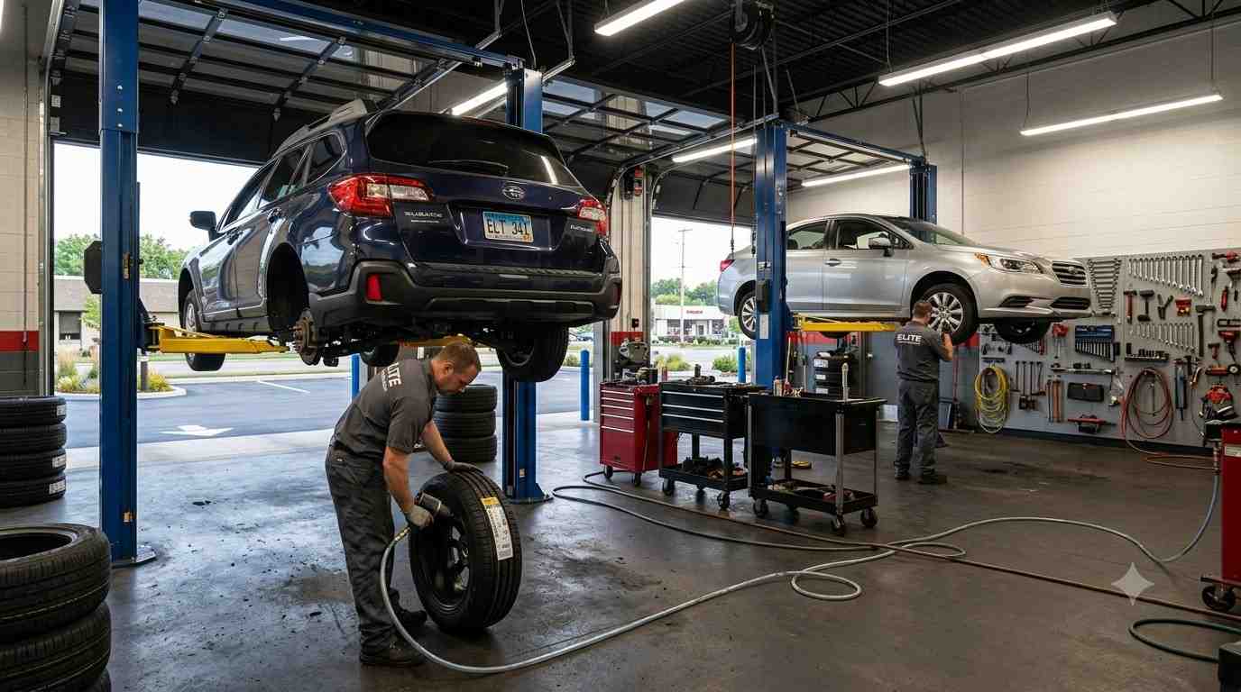 Tire shop service bay with technician working on a vehicle