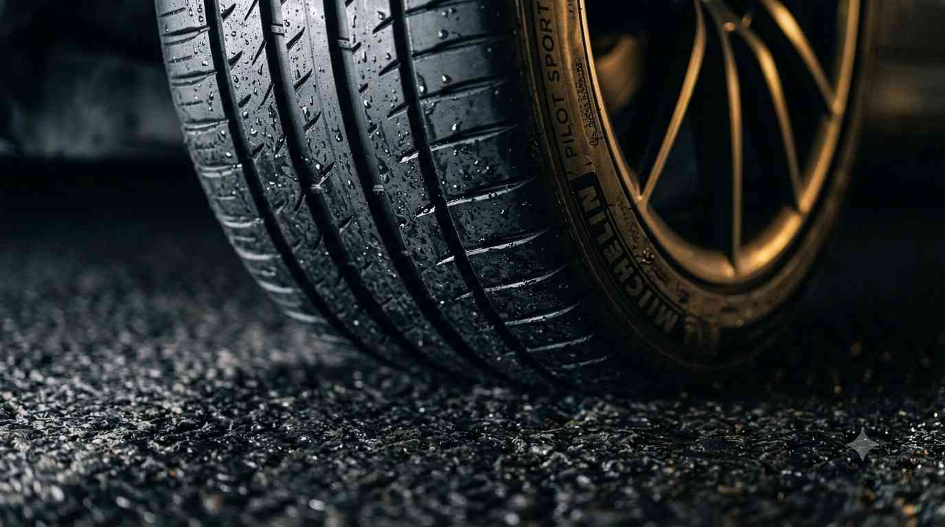 Discount Tire store front and new tire tread close-up