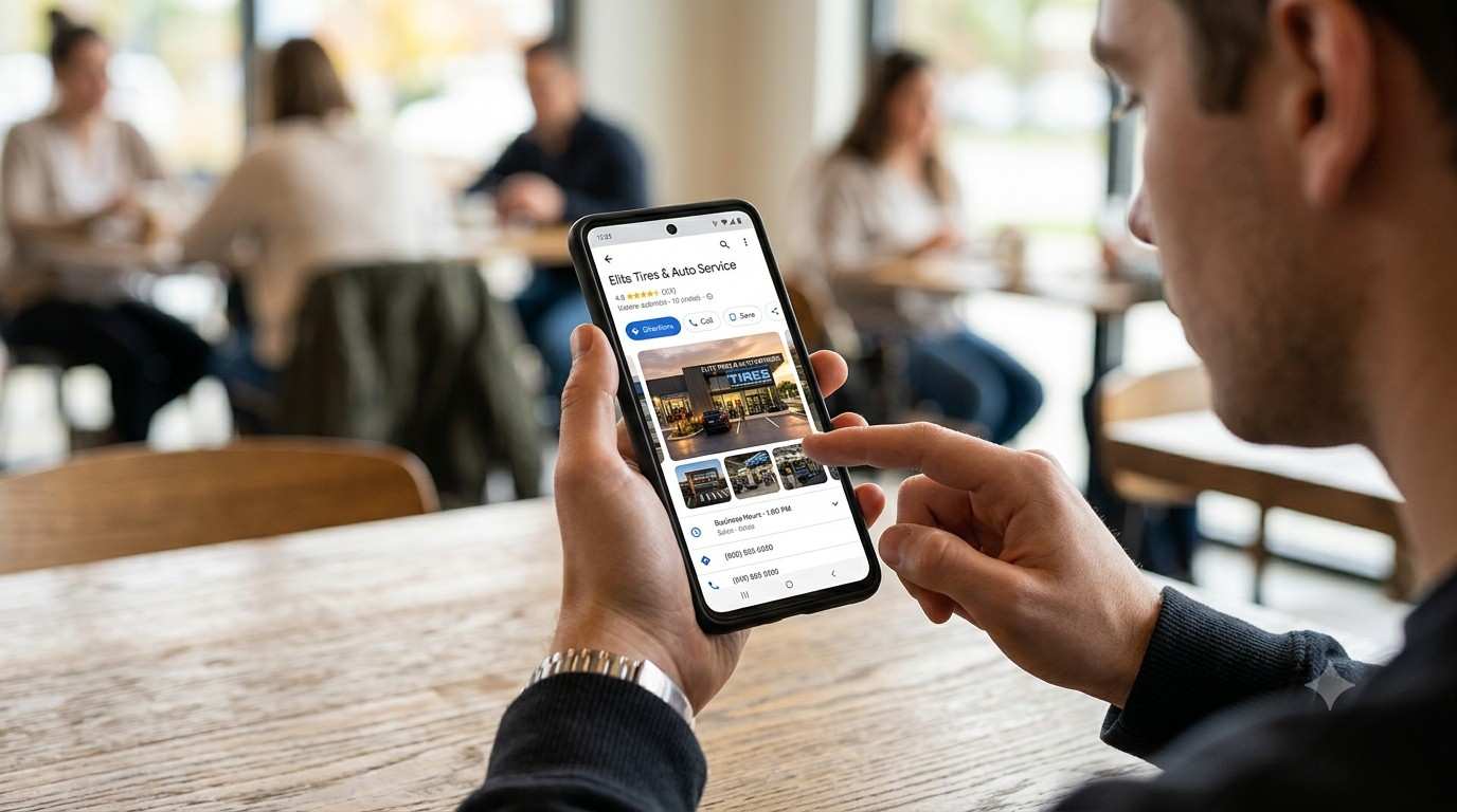 Person browsing discount tire services and photos on a smartphone