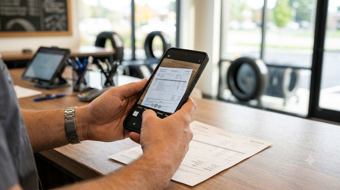 Customer photographing a discount tire shop invoice on their phone