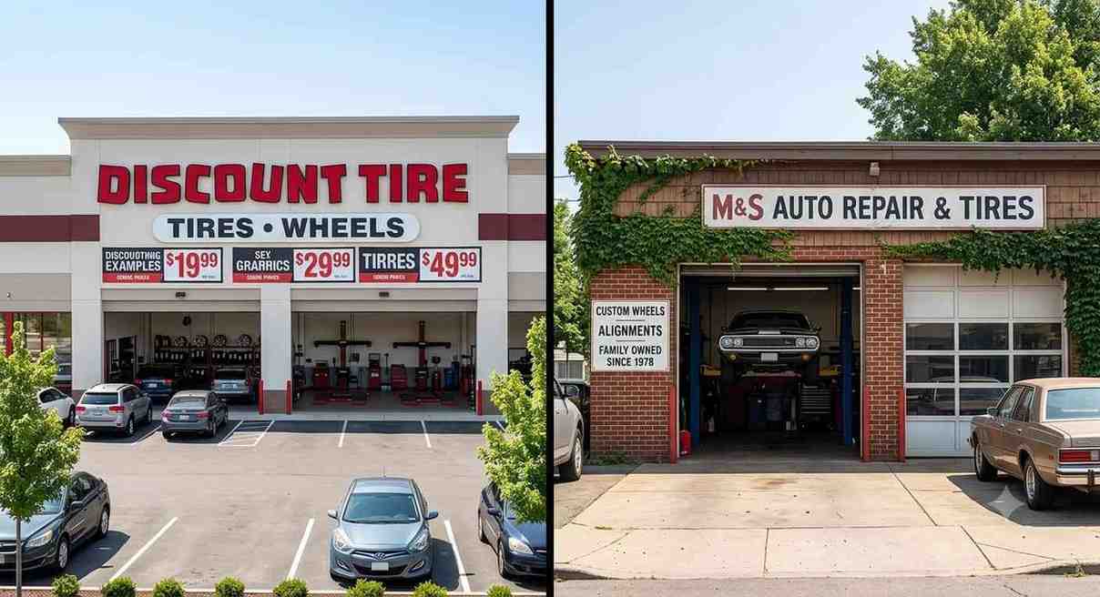 Comparison of a national chain storefront and an independent tire shop like Harry's Discount Tire