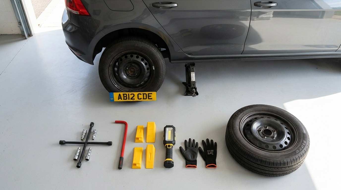 Tire changing tools checklist flat lay: jack, lug wrench, spare tire, gloves, flashlight