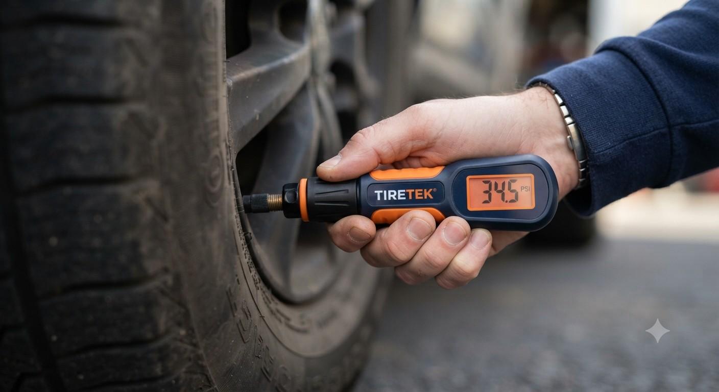 Checking tire pressure with a digital gauge pressed onto the valve stem