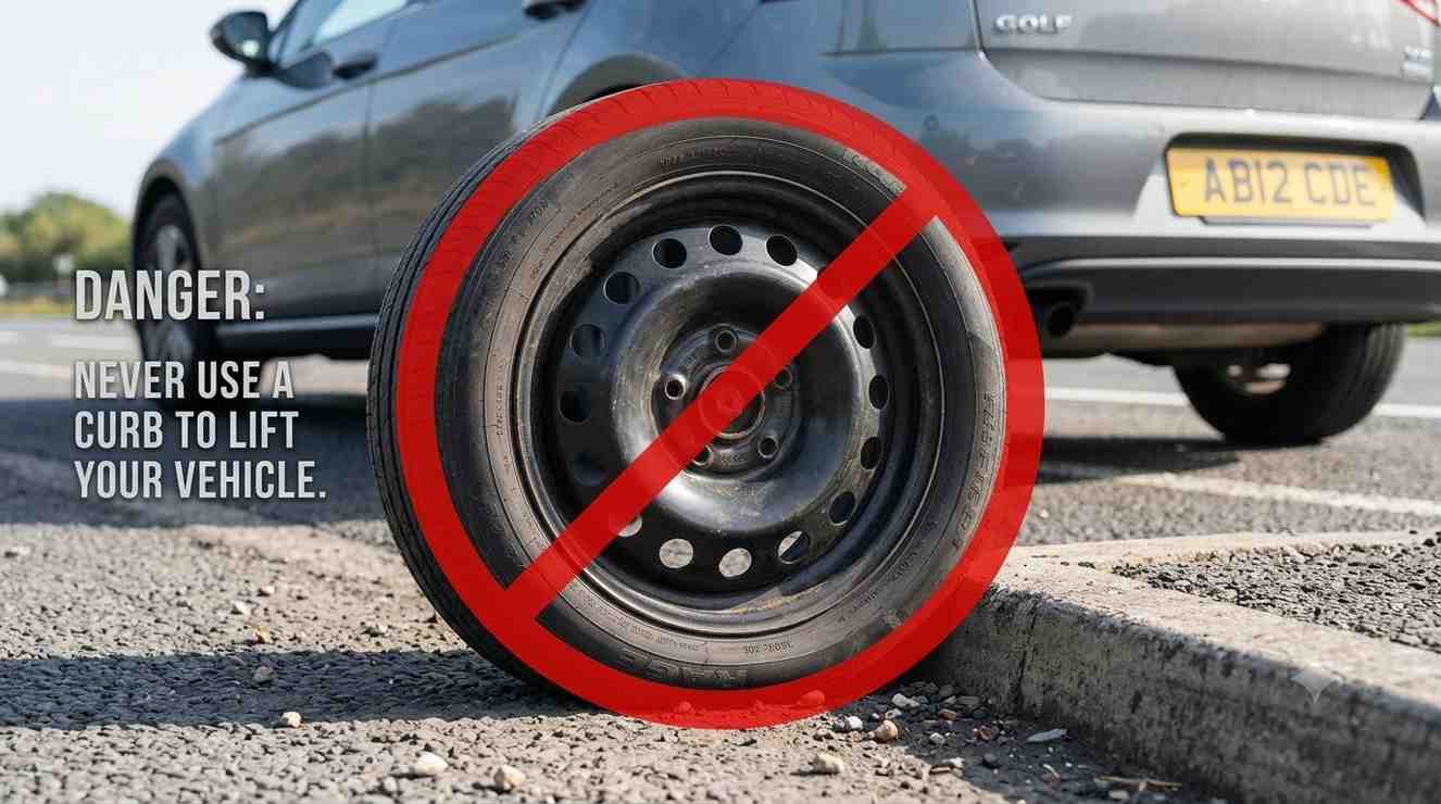 Changing a tire without a jack using an improvised curb lift method