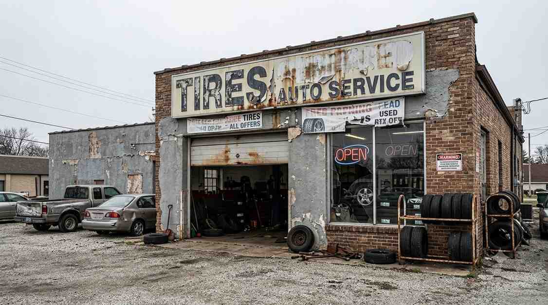 Faded outdated discount tire shop storefront sign - a photo red flag