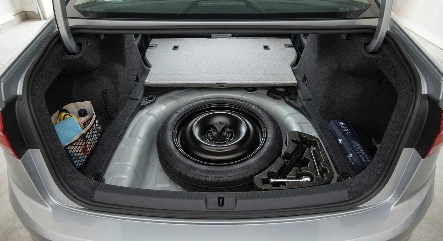 Compact spare tire under the trunk floor compartment ready for a pressure check