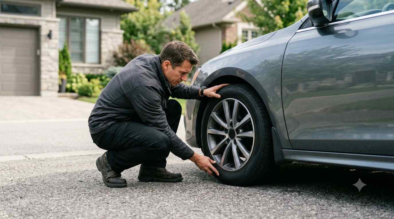 How to Check Tire Pressure Without a Gauge - visual bulge check next to a car in a driveway