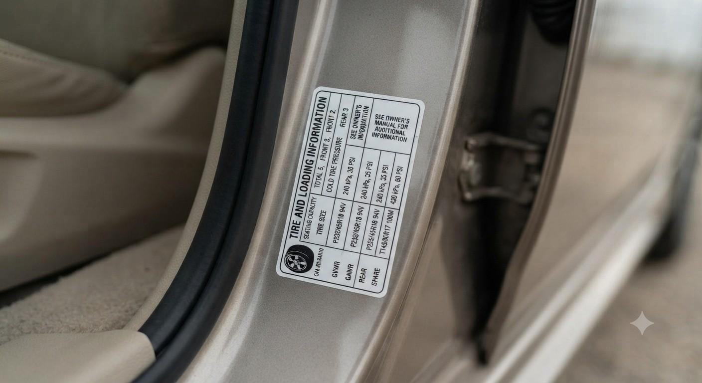 Tire pressure placard sticker on the driver's door jamb showing recommended PSI