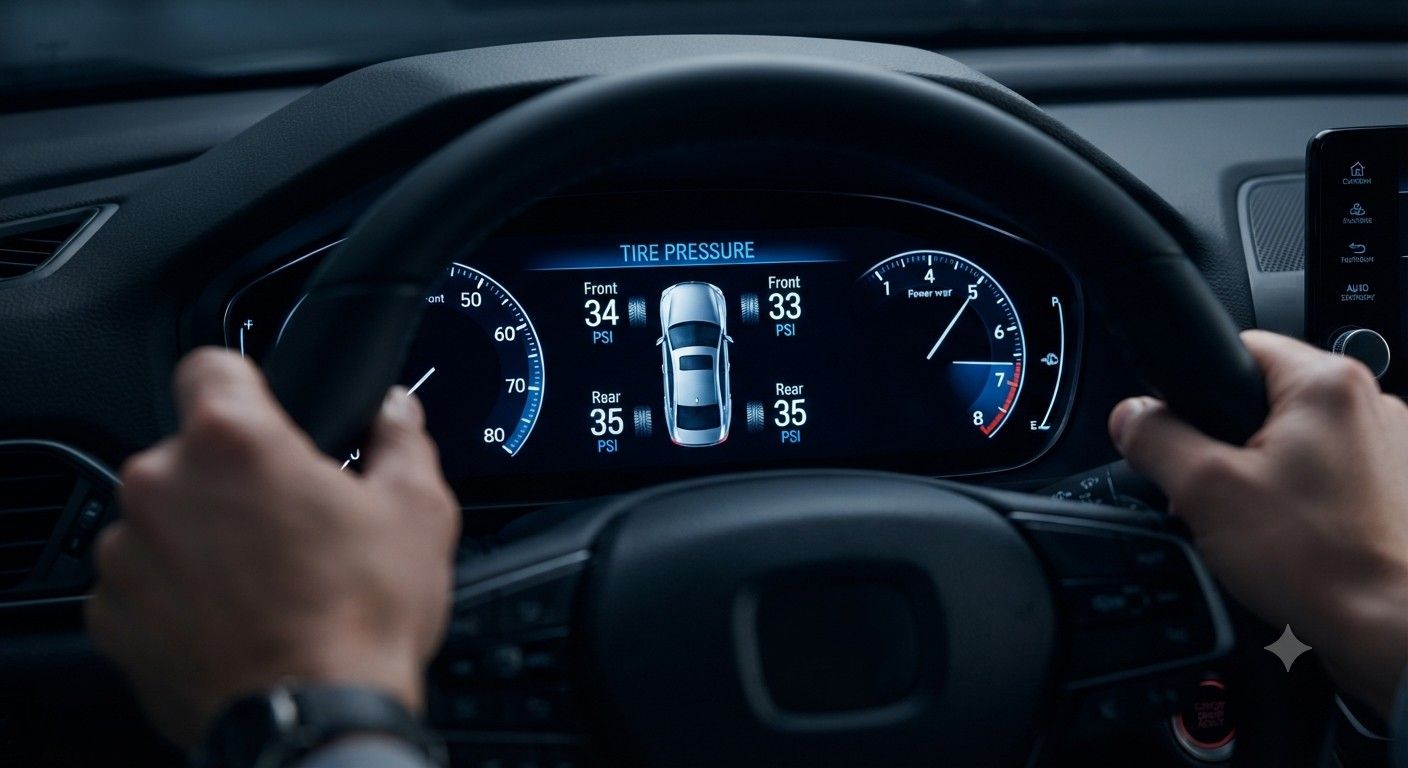 Digital dashboard display showing live tire pressure monitoring system (TPMS) readings