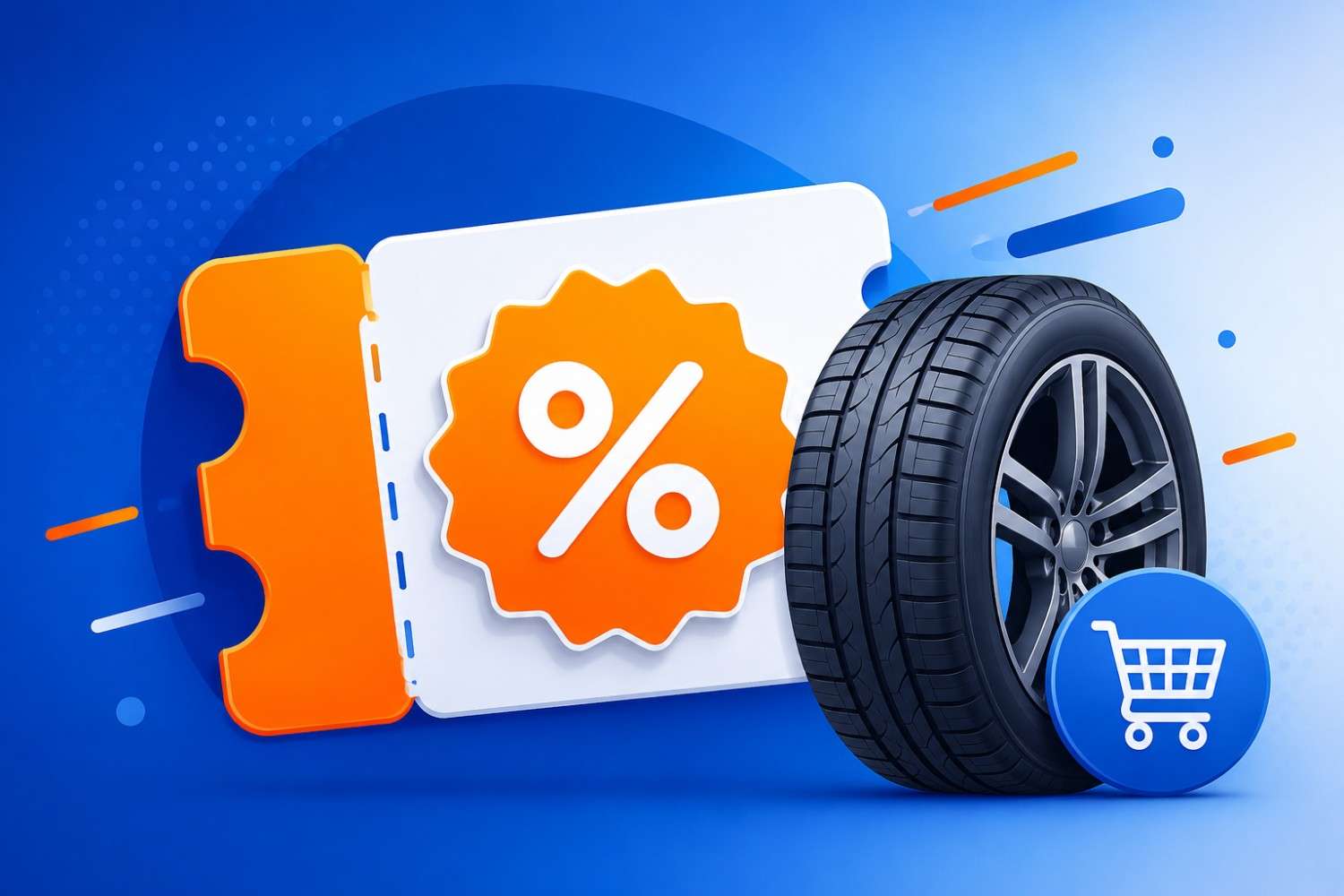 Priority Tire coupon code discount illustration with tire and percentage off badge