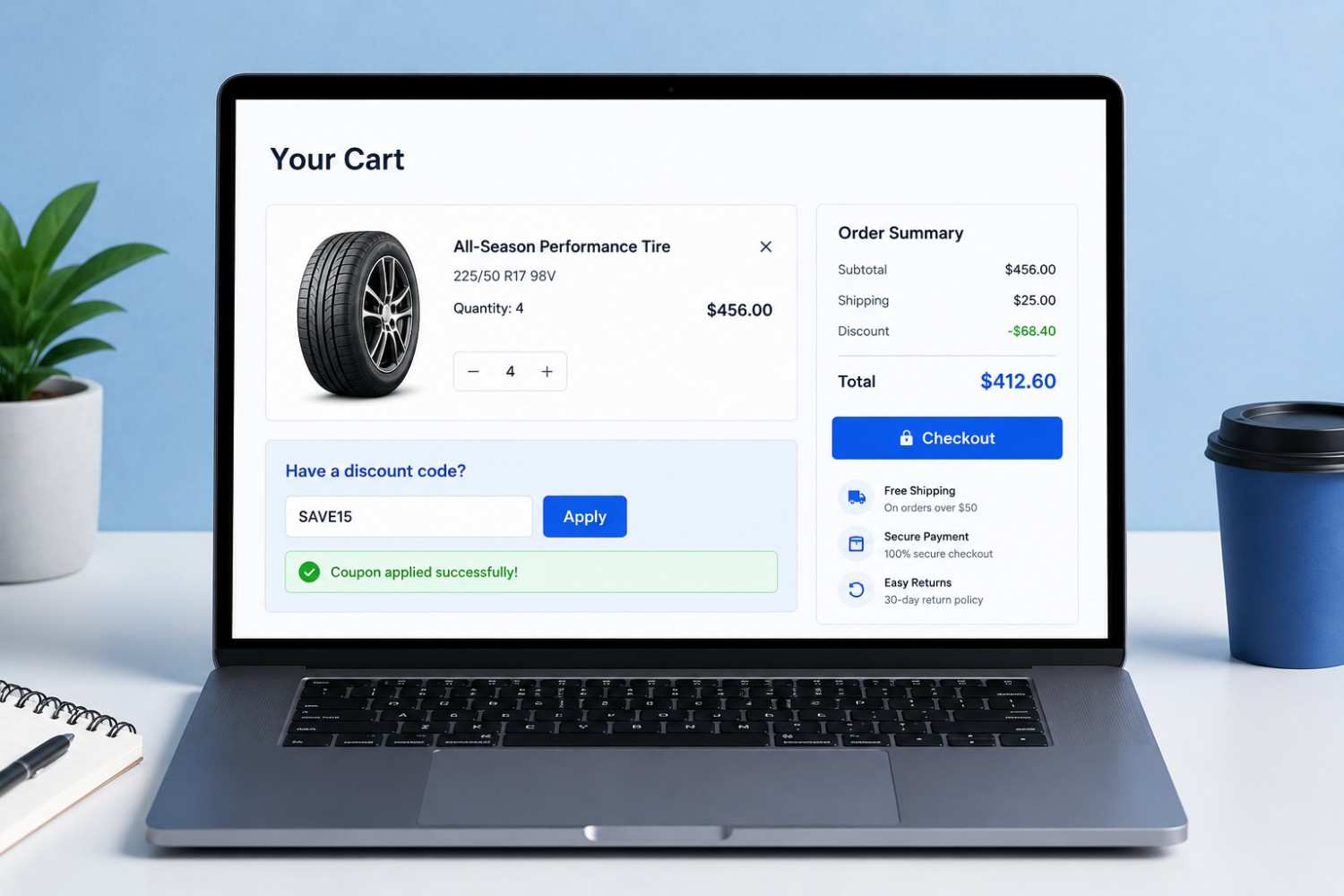 Online tire shopping cart mockup showing a coupon code box with applied discount