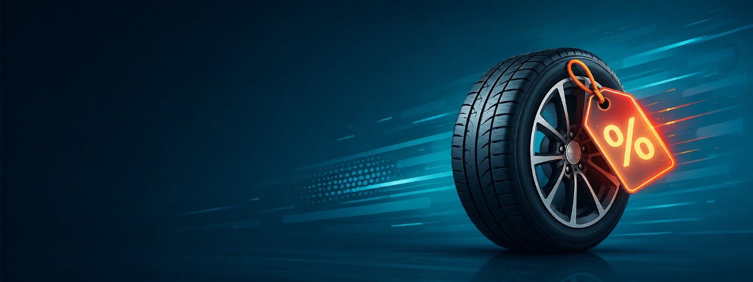 Priority Tire discount banner with car tire and percentage off tag icon