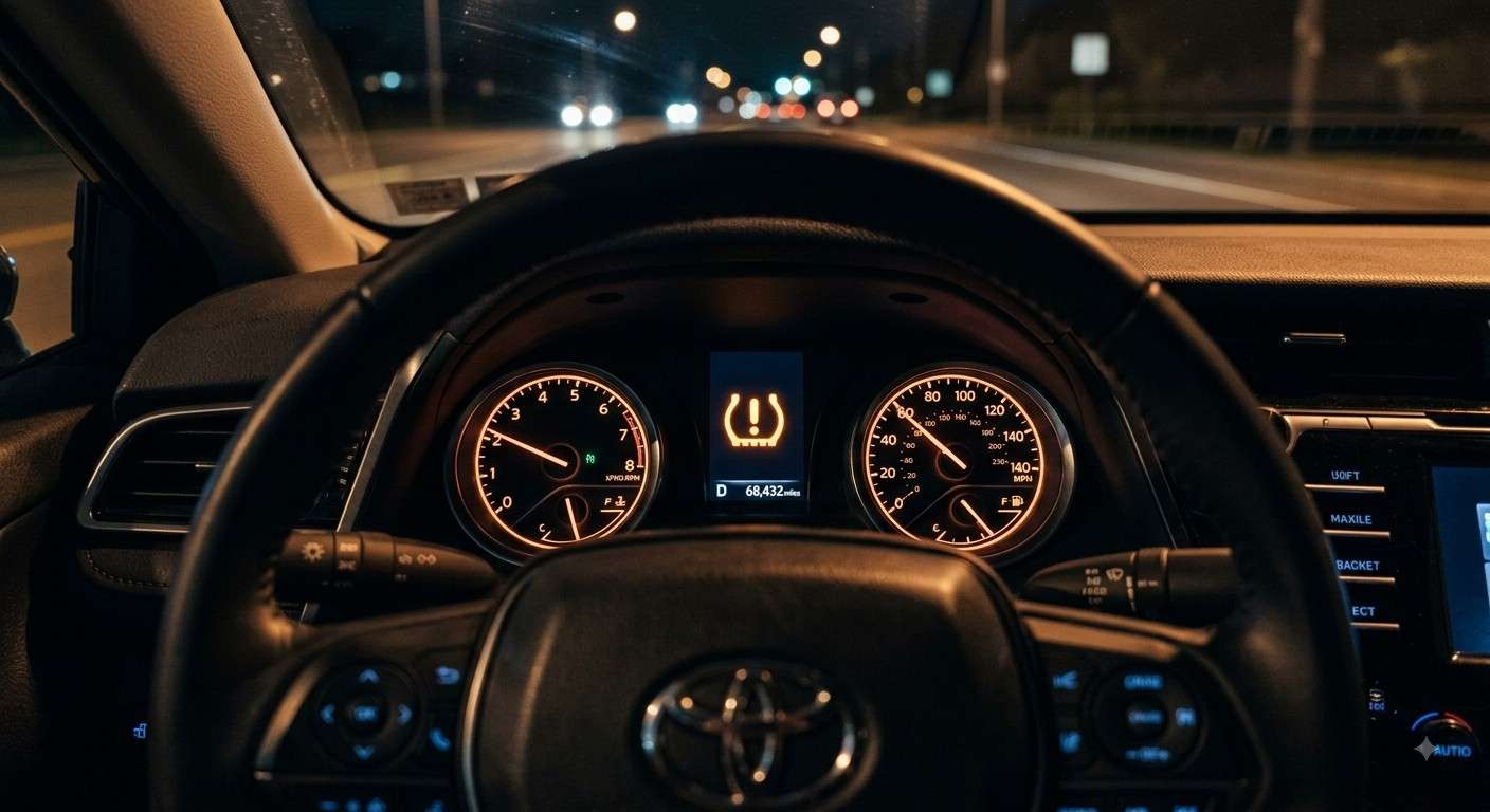 Blinking tire pressure light glowing on a car dashboard at night