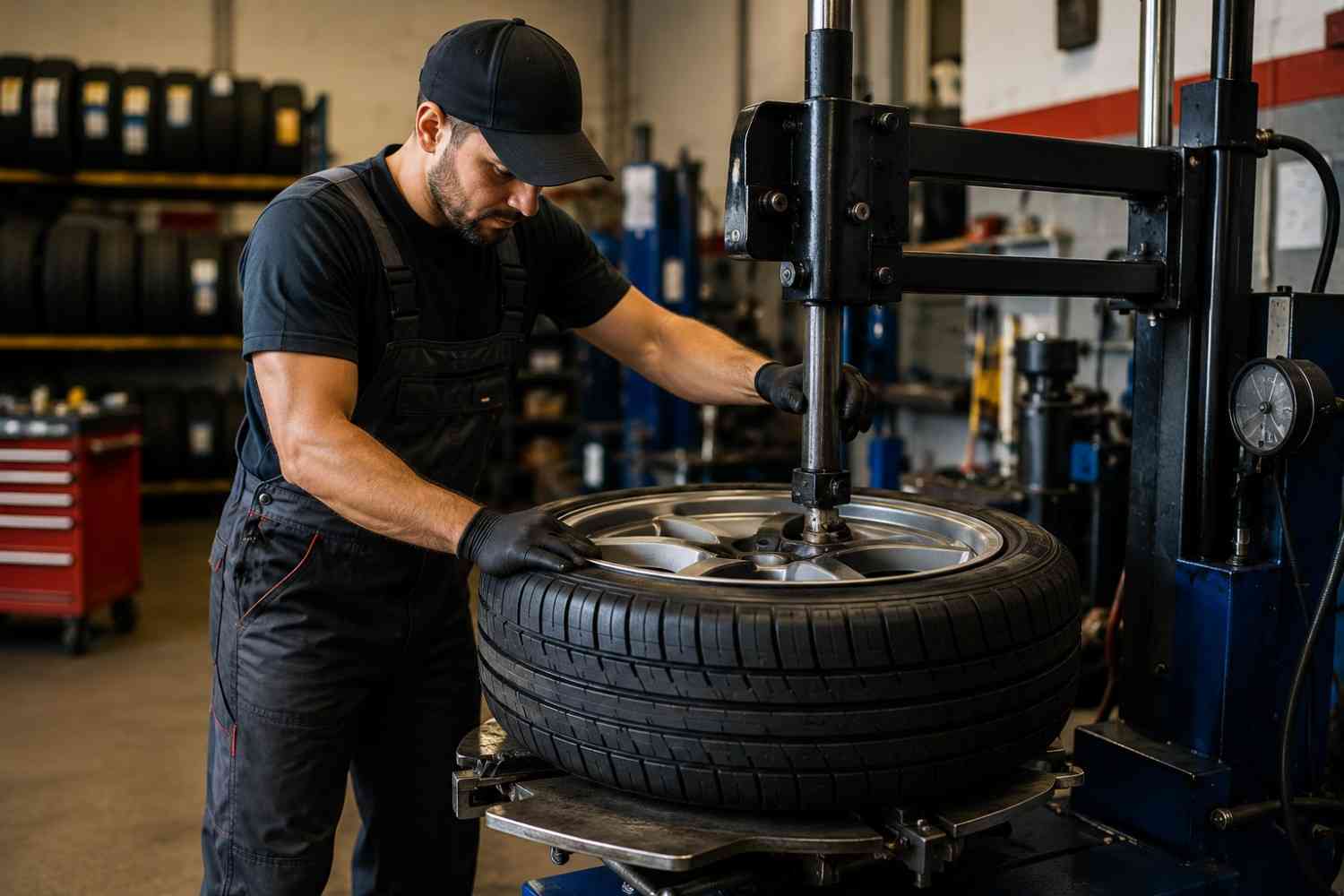 Local mechanic mounting a new tire on a wheel balancing machine