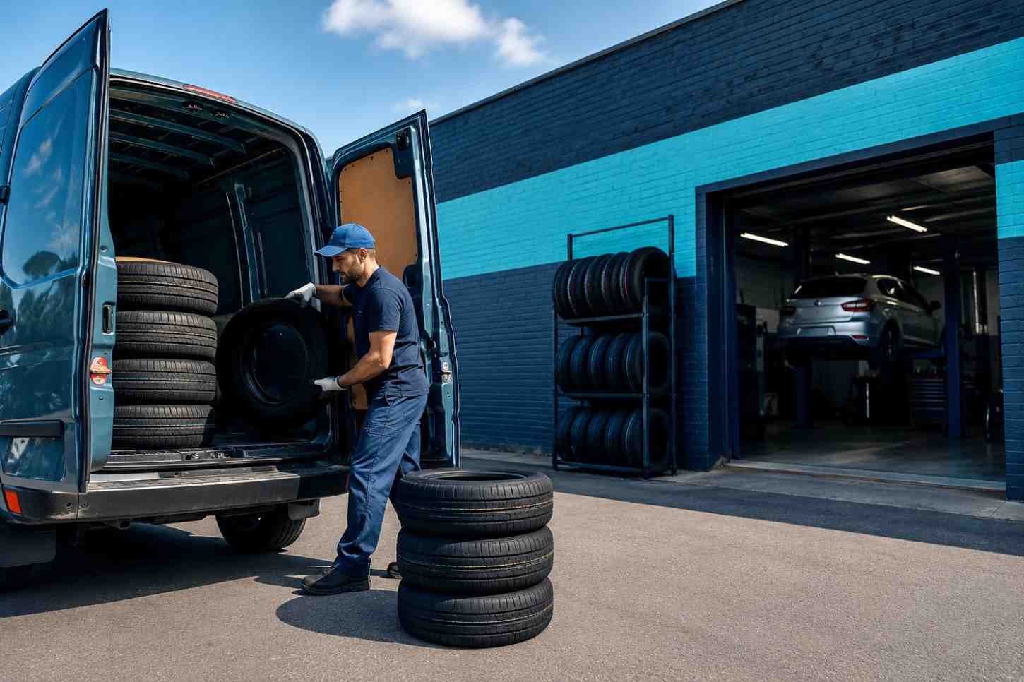 priority tire near me - delivery driver unloading new tires at a local shop