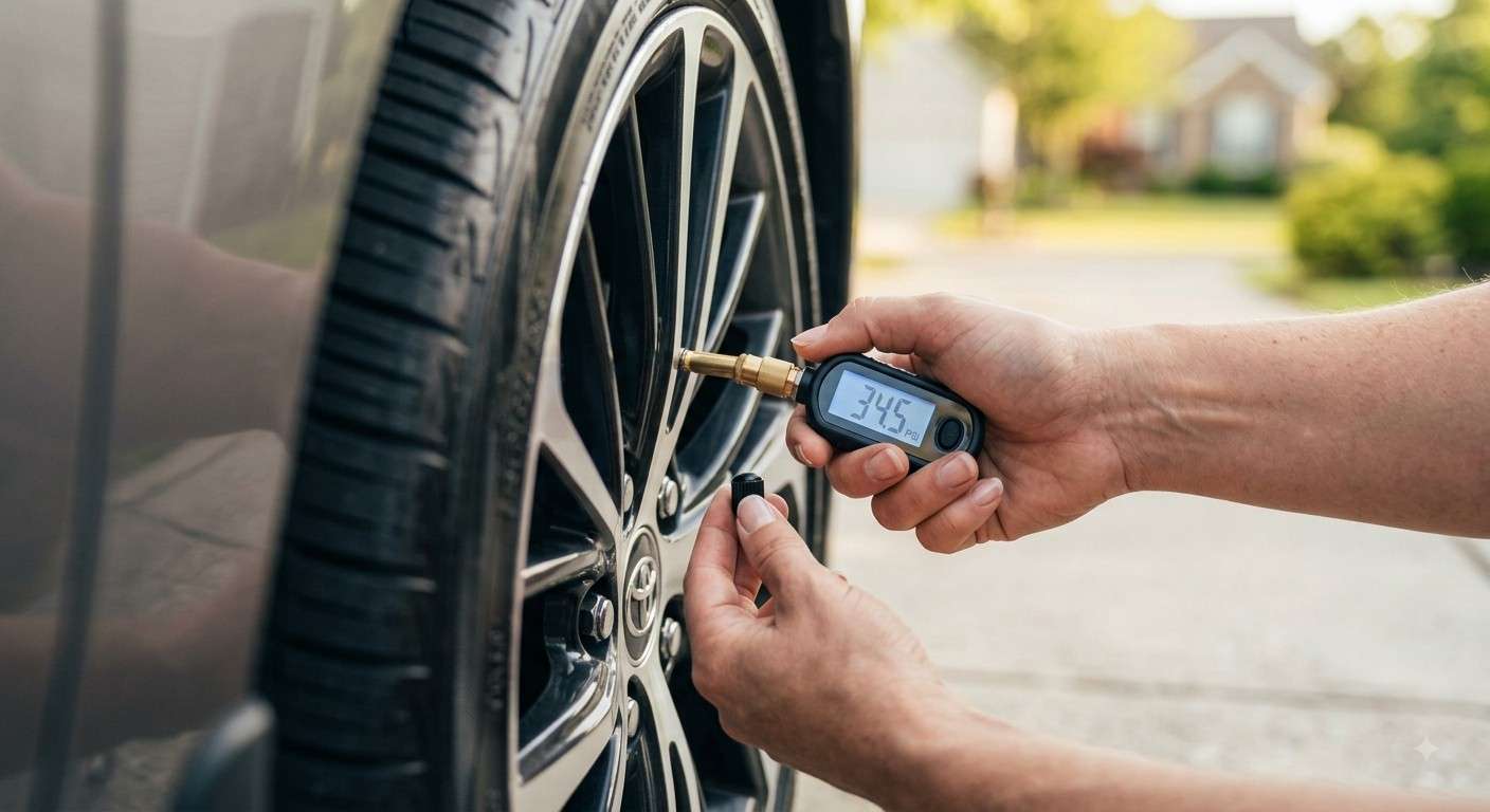 Checking tire pressure with a digital gauge to fix a blinking tire pressure light