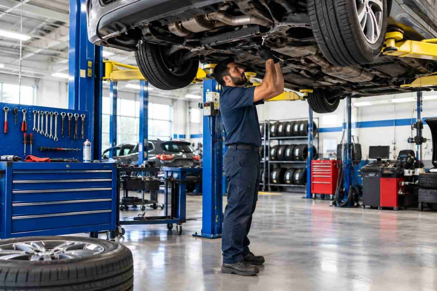 Automotive technician working in a service bay at a car repair shop