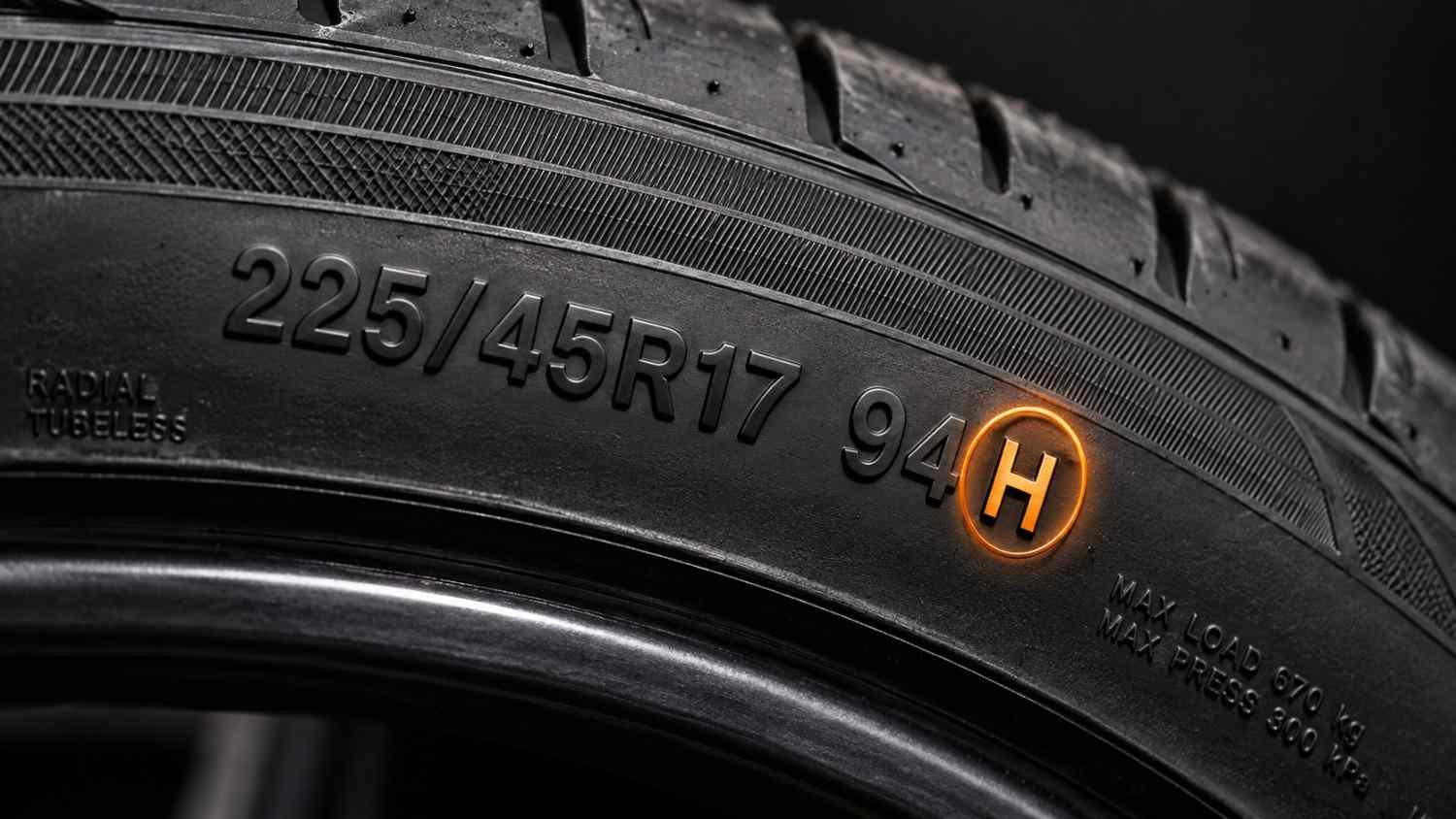 Car tire size code 225/45R17 94H with the H speed rating highlighted on the sidewall