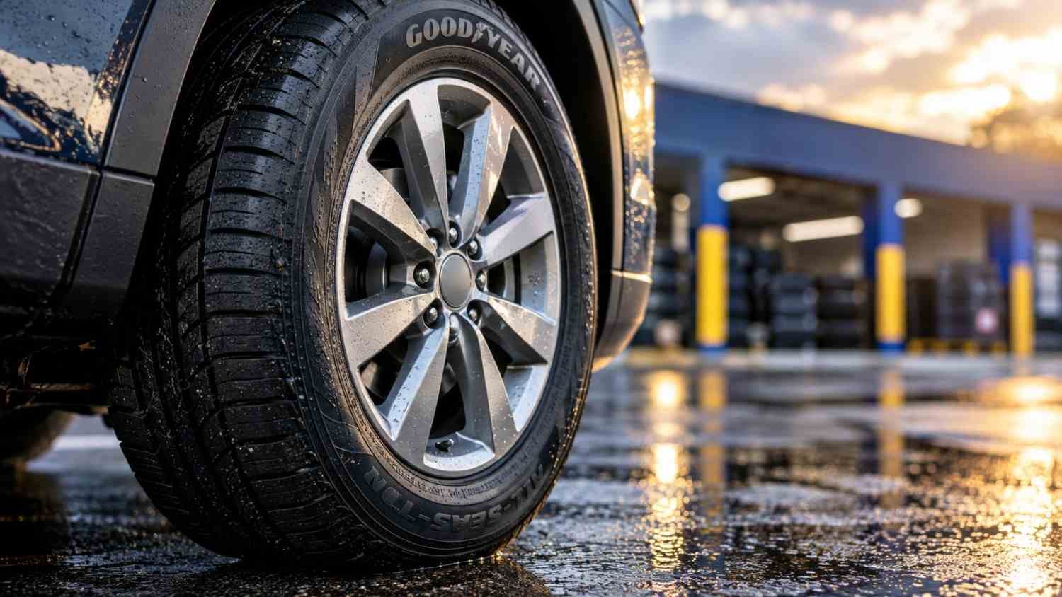 Goodyear all-season tire mounted on a silver alloy wheel showing tread and sidewall detail