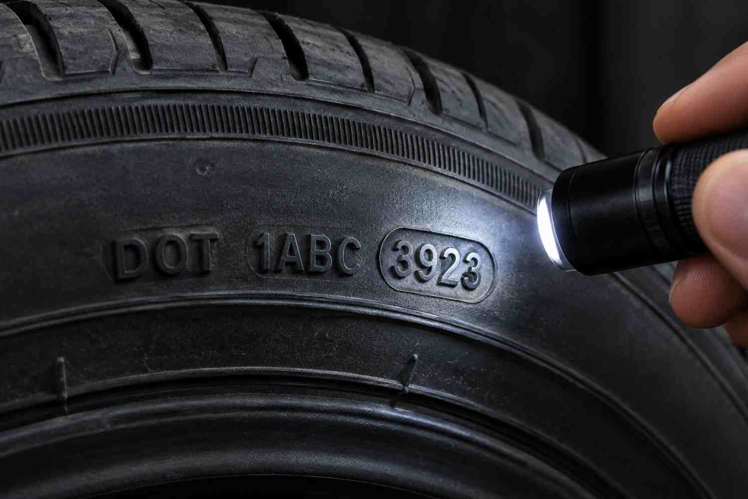 DOT date code on a tire sidewall showing the week and year of manufacture