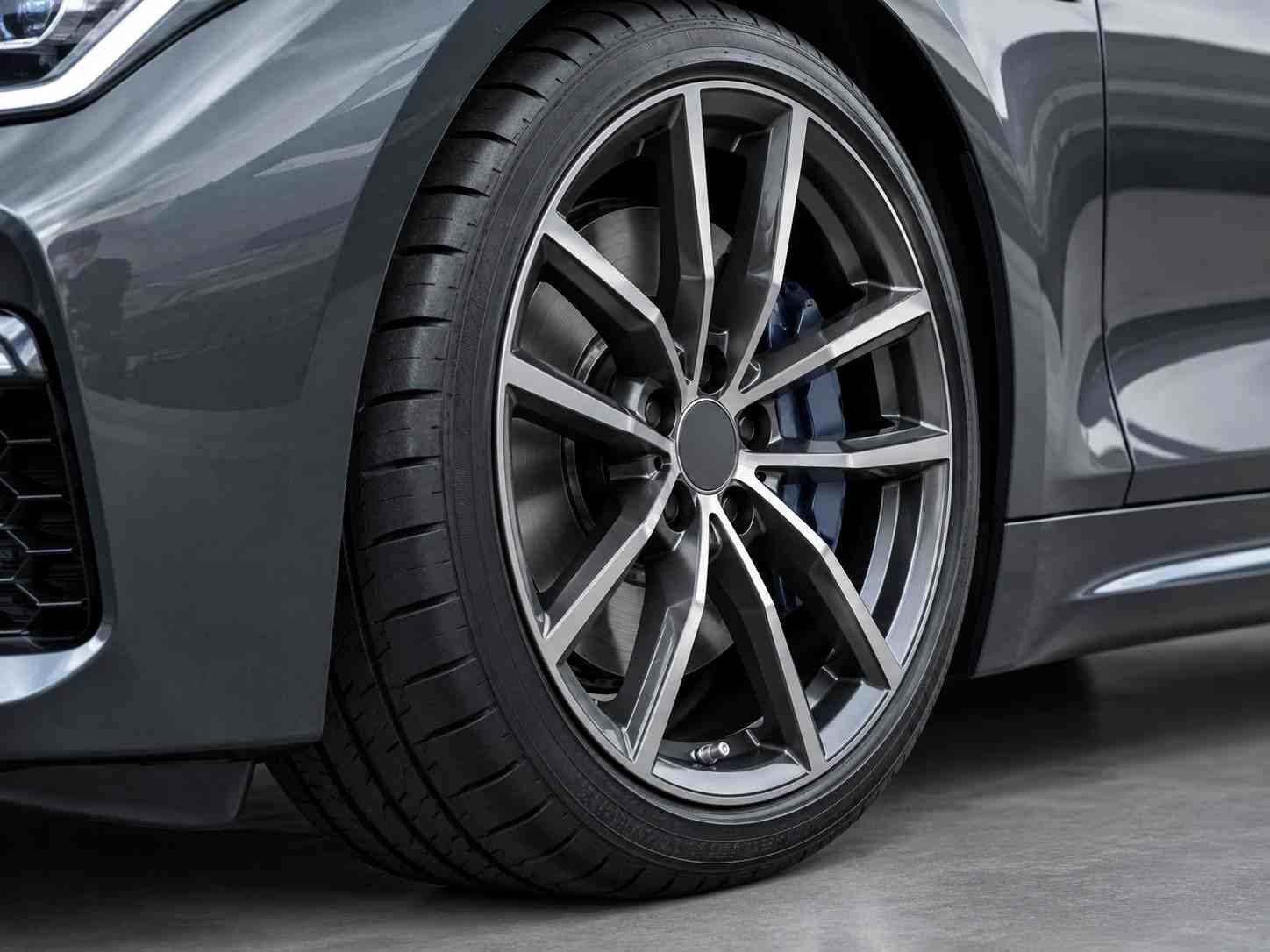 Modern alloy wheel and low-profile run flat tire close-up