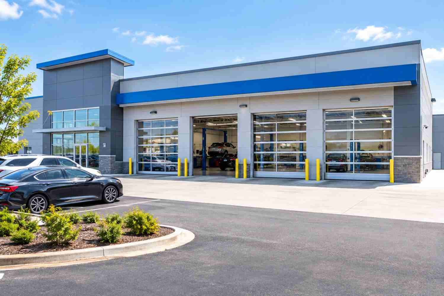 Modern auto repair shop storefront exterior, professional service center