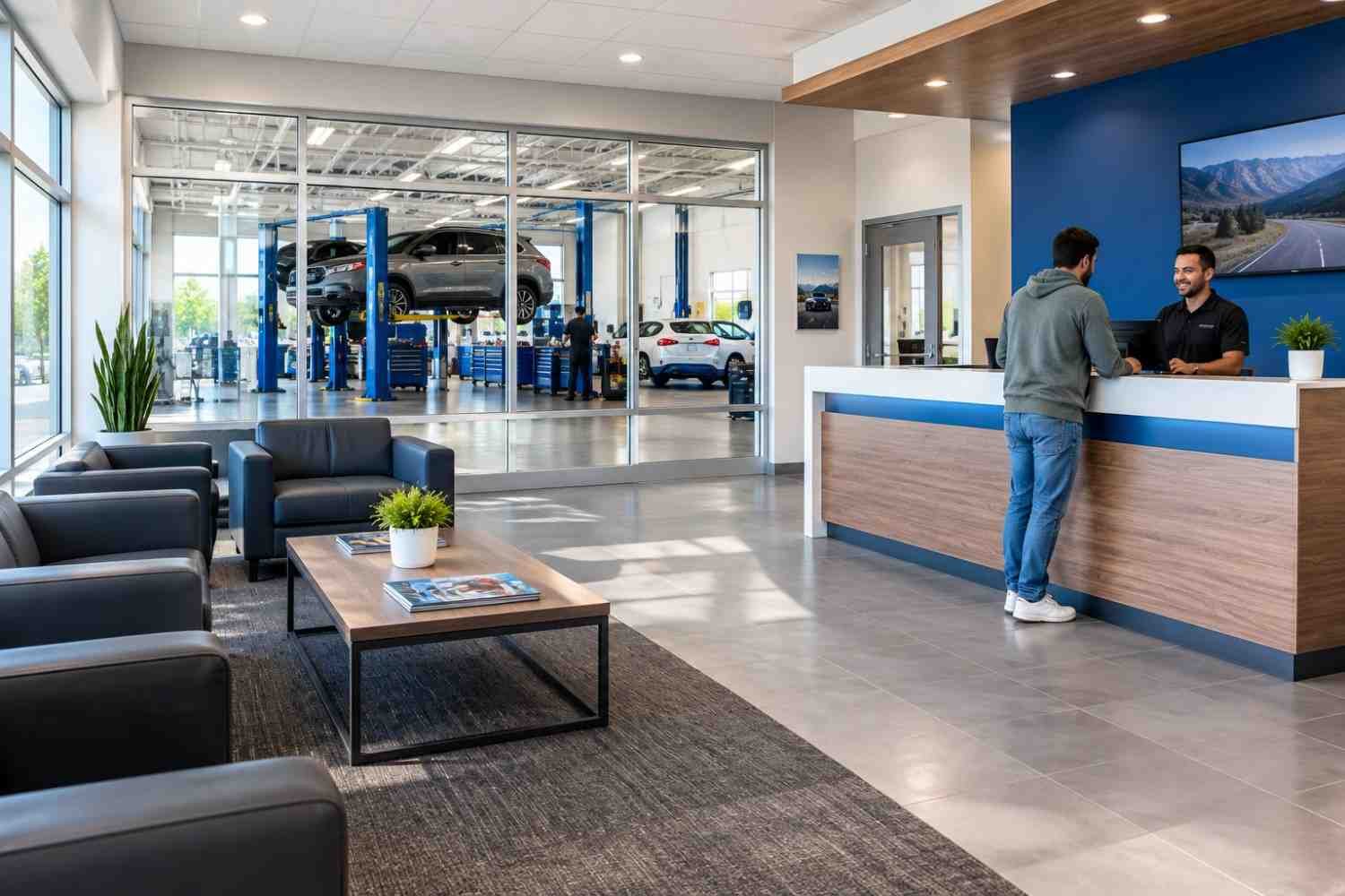 Modern auto service waiting area with service counter and customer lounge