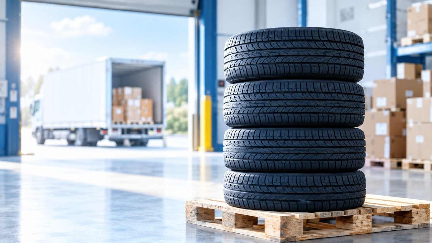 New car tires stacked in a warehouse ready for automotive tire shipping