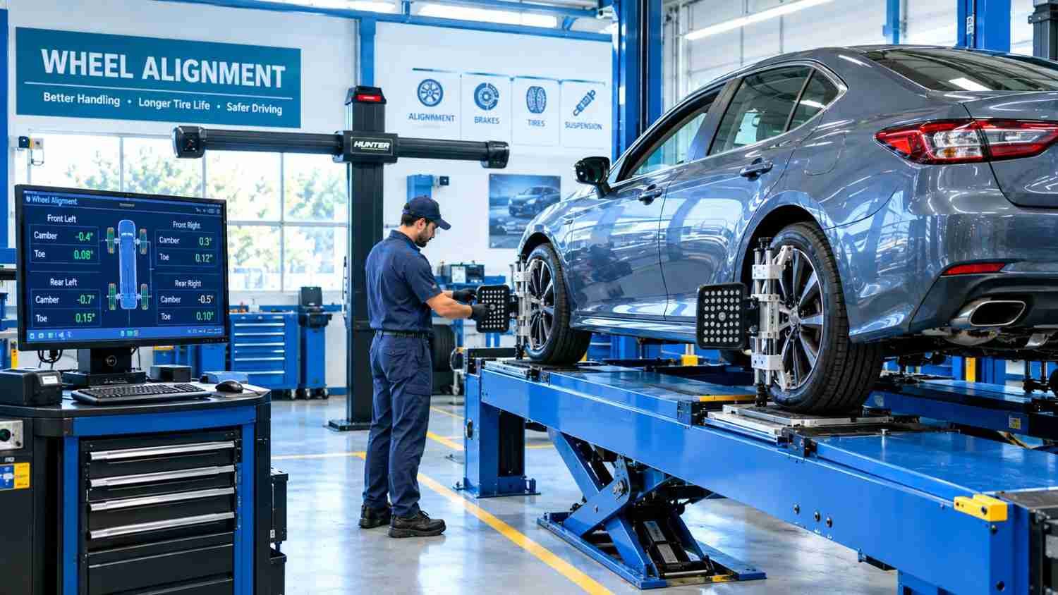 Professional technician performing a wheel alignment service in an auto repair shop