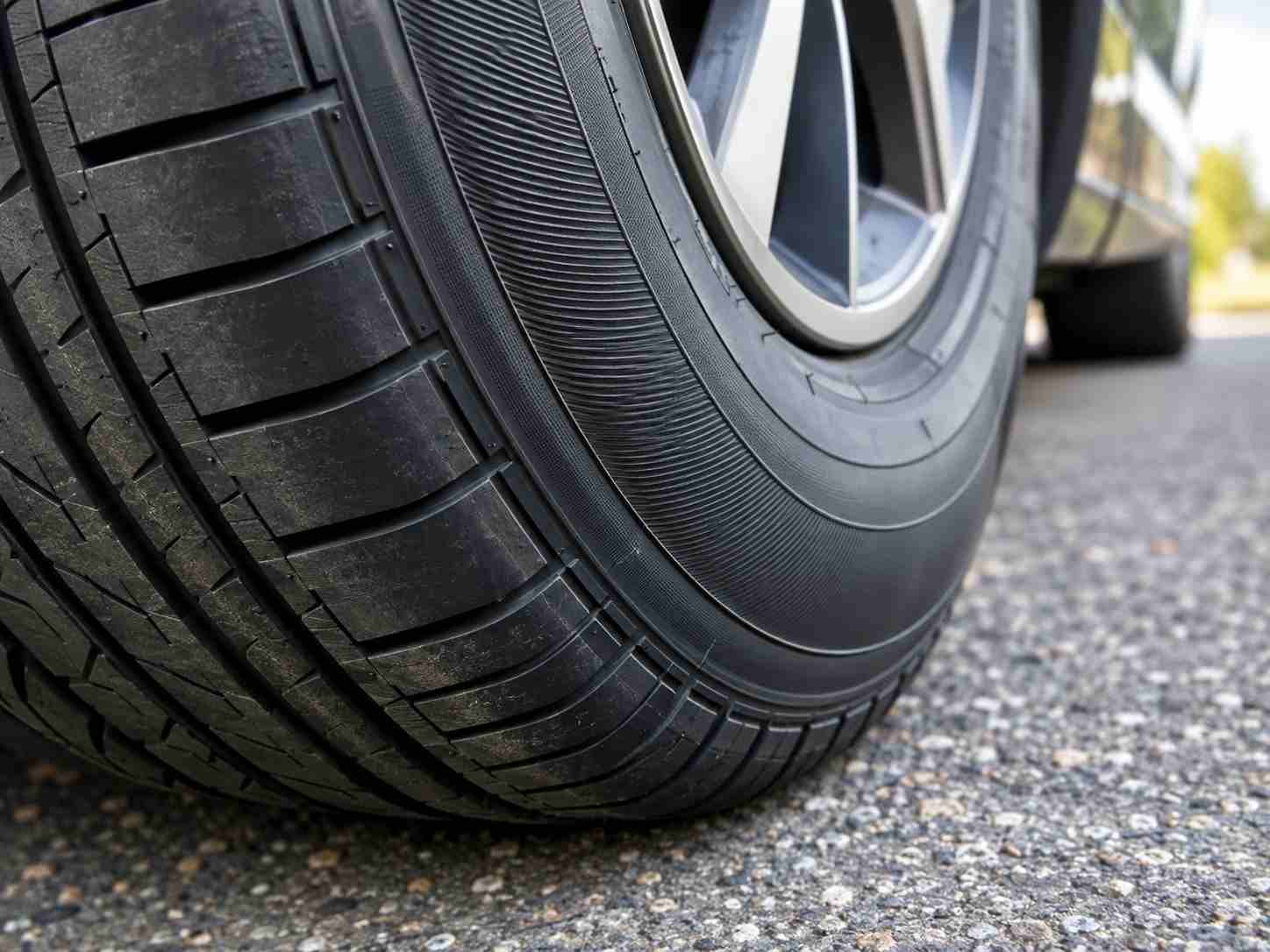 Reinforced car tire sidewall close-up showing run flat tire construction