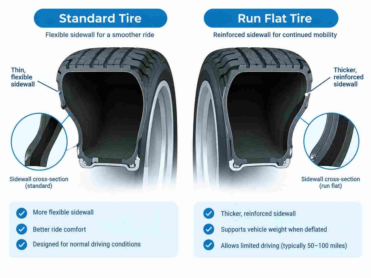 Diagram comparing standard tire sidewall versus run flat tire sidewall