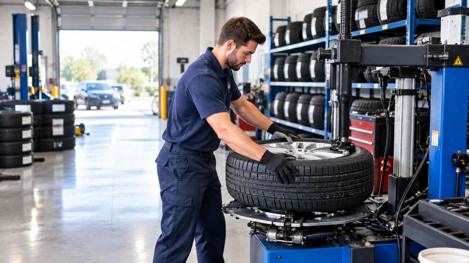 Technician installing Goodyear tires at a modern tire service center near me