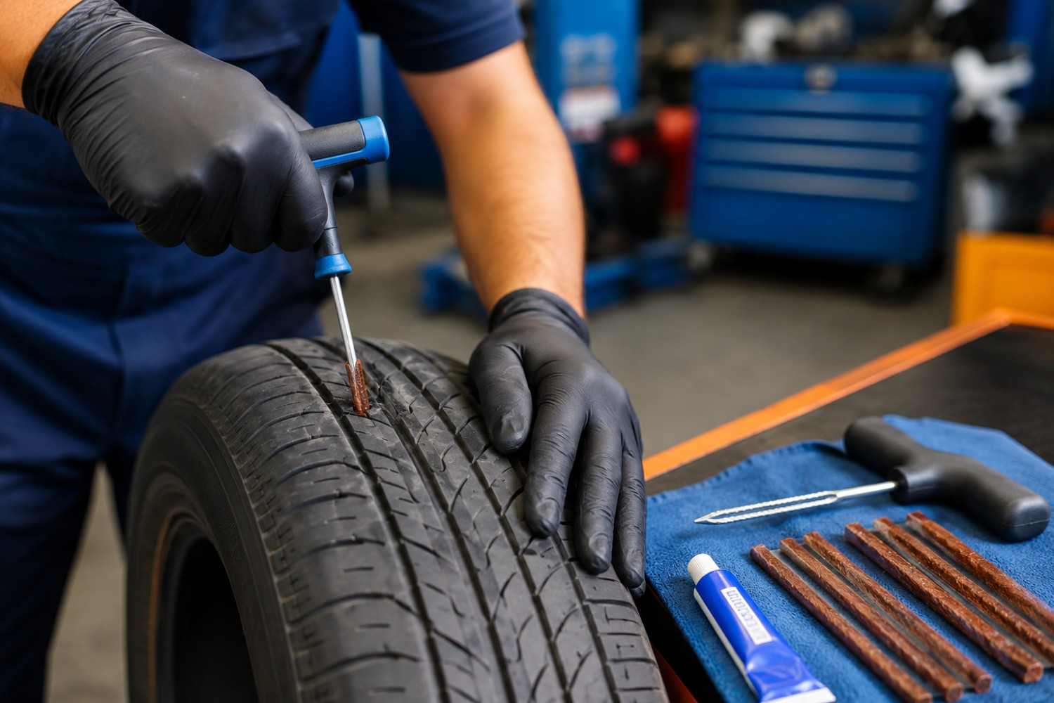 Tire plug repair tool being used on a punctured car tire