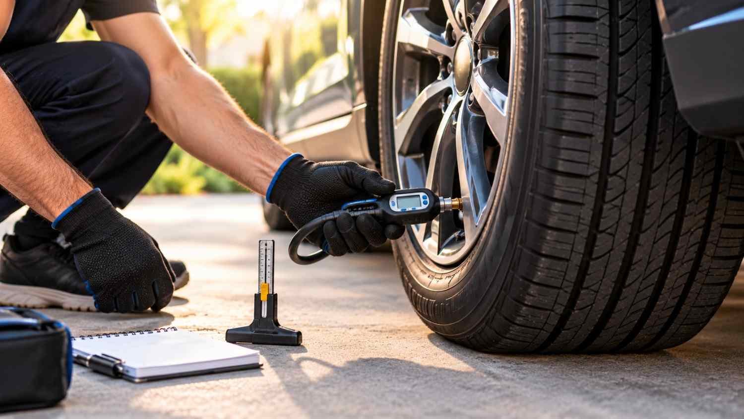 Checking tire pressure and tread depth to make new tires last longer