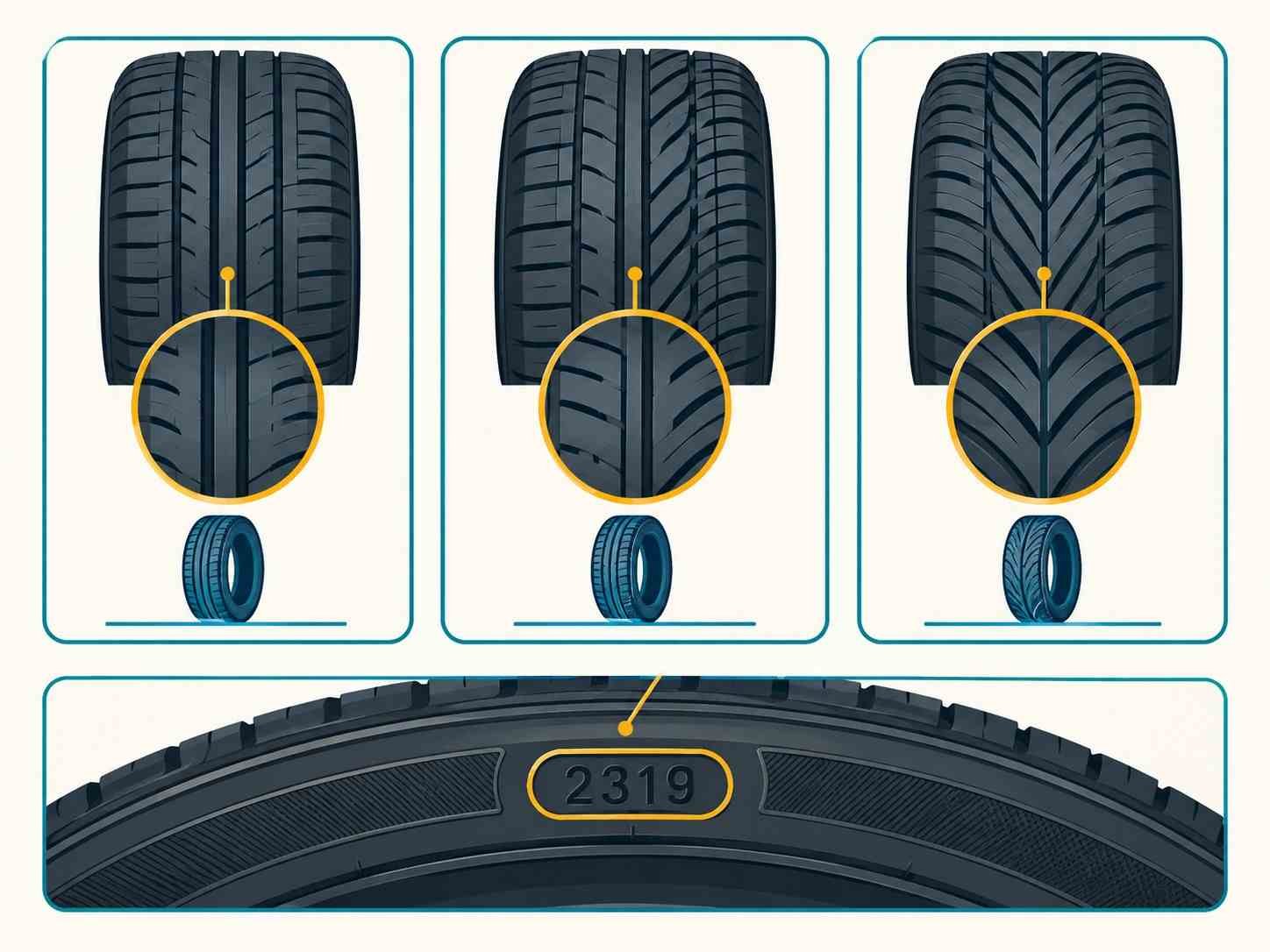 Symmetric, asymmetric and directional tire tread patterns with DOT date code location
