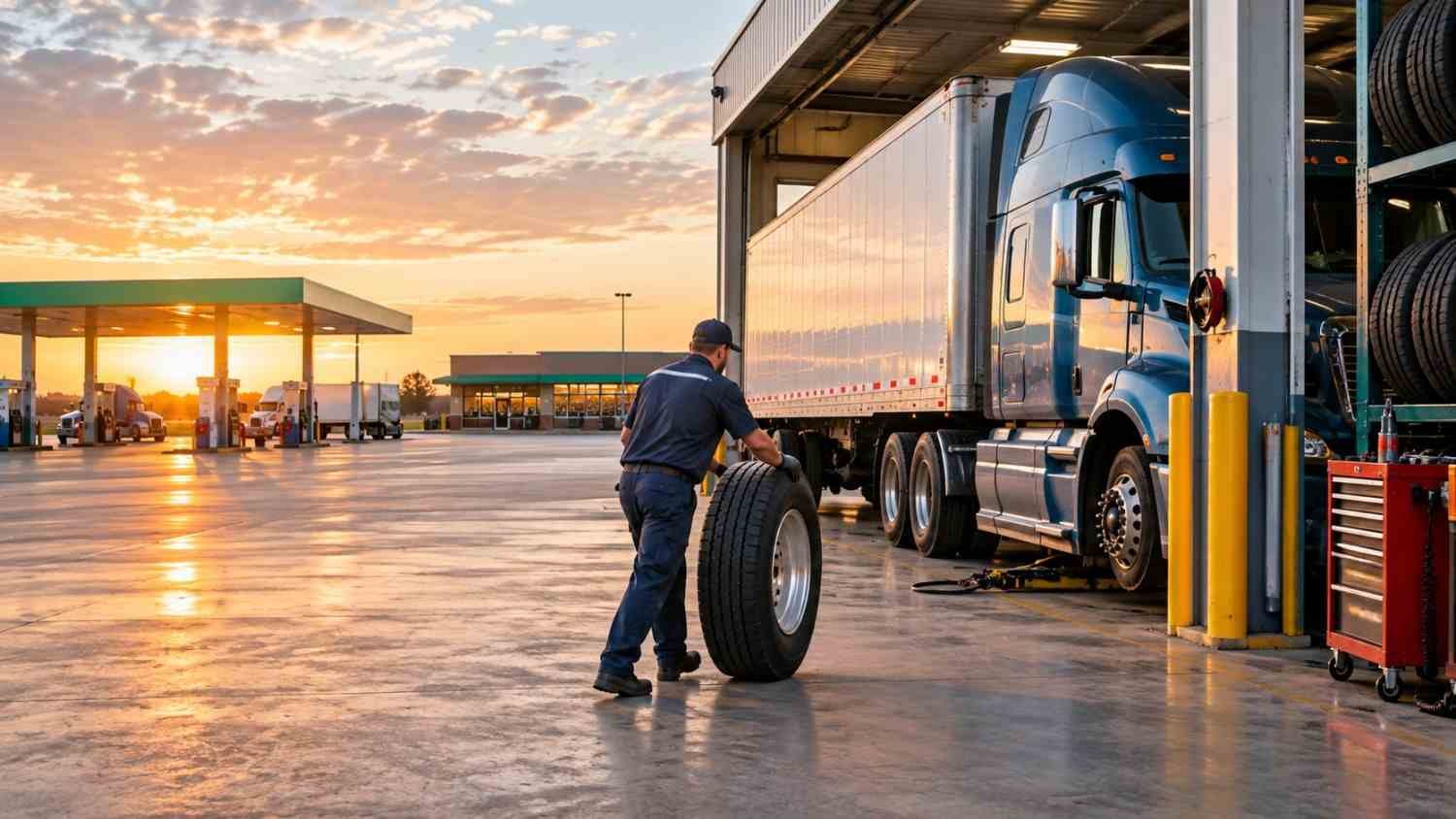 Truck tire service bay at a highway travel center, similar to STM at Pilot